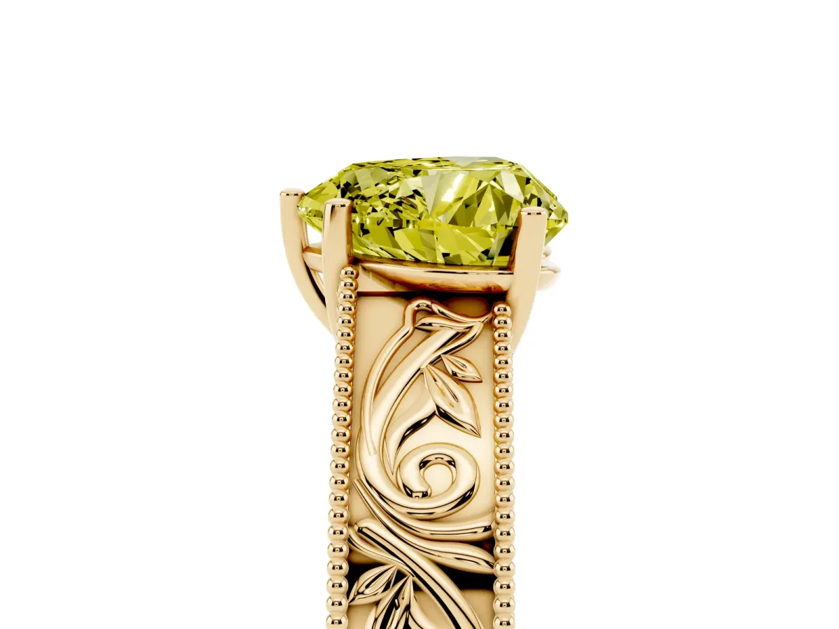 Fancy Yellow Heart Cut Diamond Solitaire Ring with Engraved Band and Four-Prong Setting Yellow gold