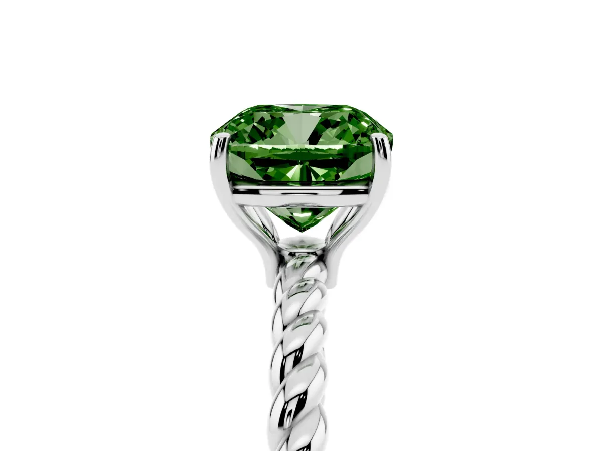 Fancy Green Cushion Cut Solitaire Twist Band Ring with Four-Prong Setting Silver