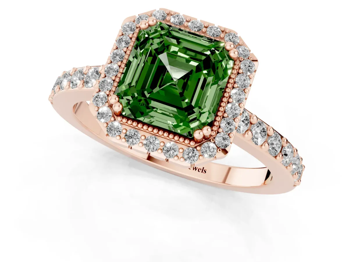 Fancy Green Asscher Cut Cut Diamond Halo Engagement Ring with Milgrain Detail and Pavé Band Rose gold