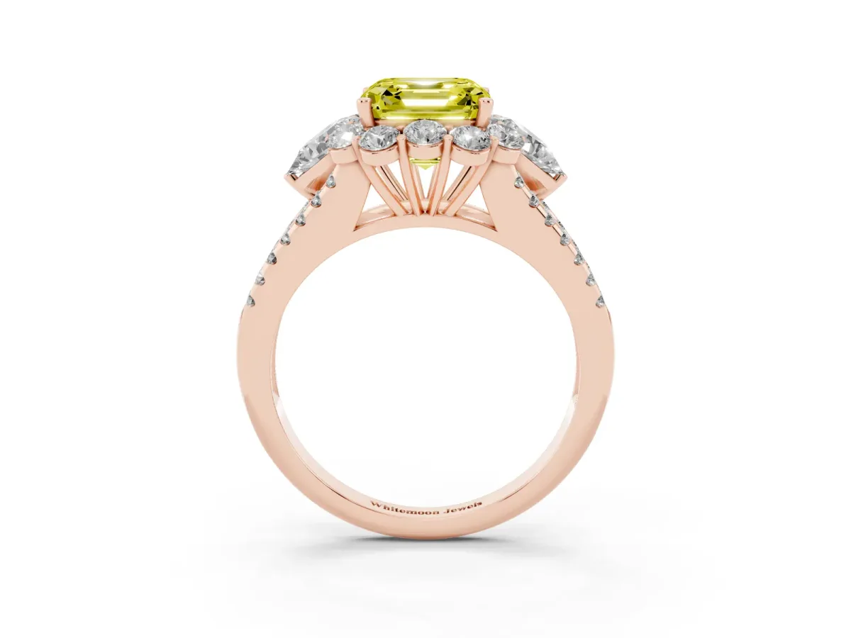 Fancy Yellow Asscher Cut Halo Split Shank Diamond Engagement Ring with Prong Setting Rose gold