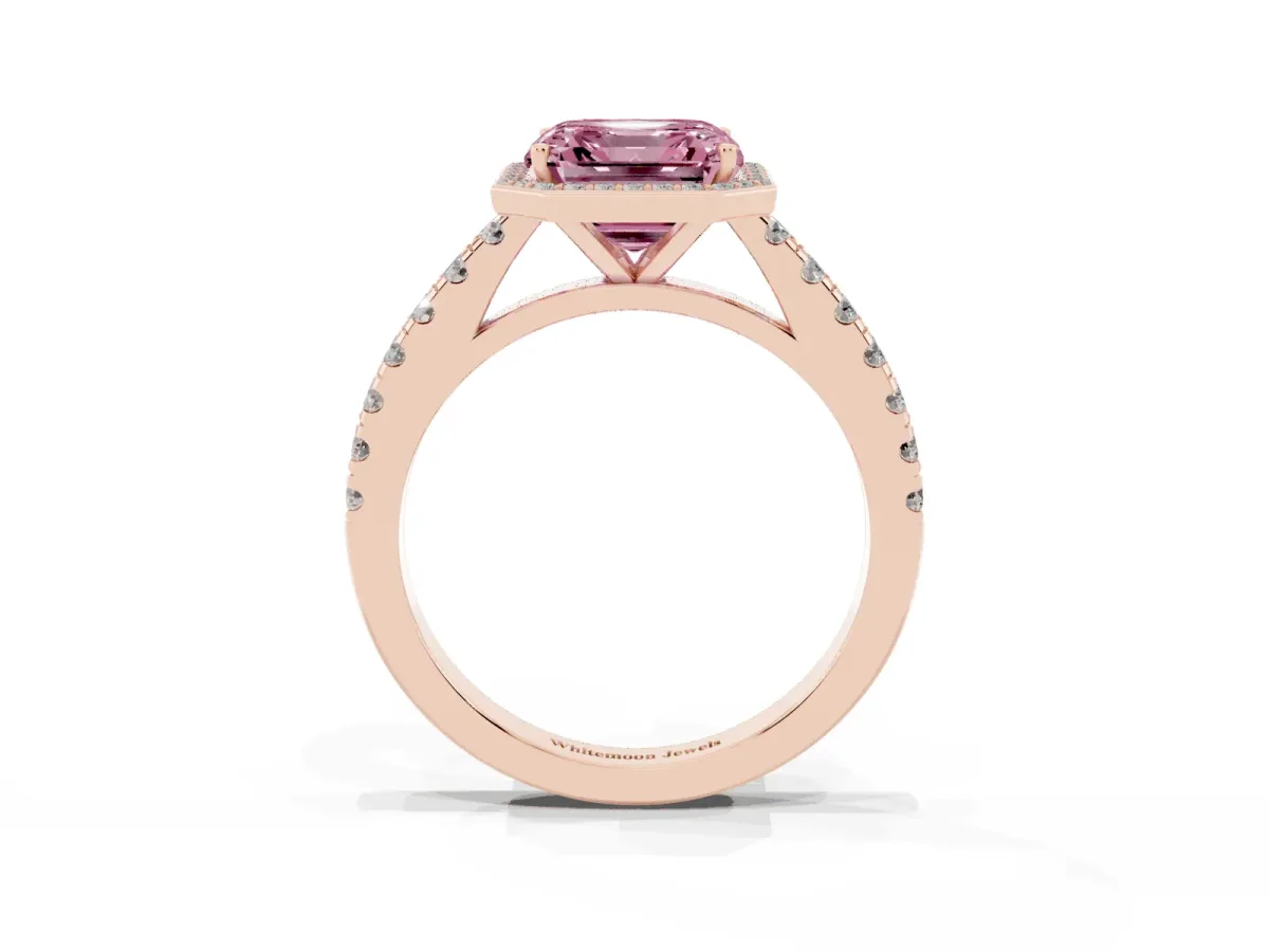 Fancy Pink Asscher Cut Cut Halo Diamond Engagement Ring with Pave Band and Four-Prong Setting Rose gold