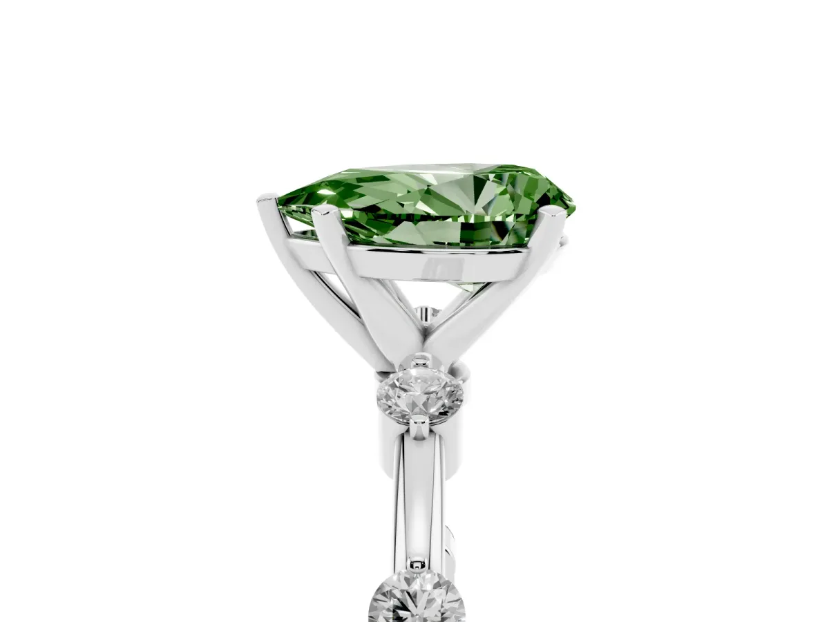 Fancy Green Pear Cut Solitaire Diamond Ring with Bezel Set Side Stones and Prong Setting Platinum