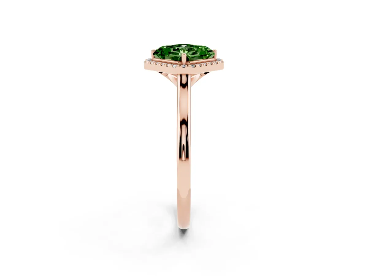 Fancy Green Asscher Cut Halo Round Diamond Solitaire Engagement Ring with Pave Band and Four-Prong Setting Rose gold