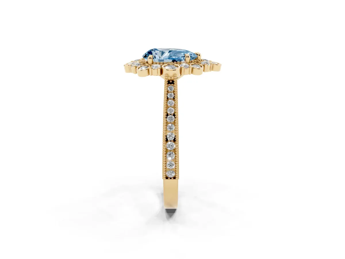 Fancy Blue Pear Cut Halo Milgrain Pave Diamond Ring with Four-Prong Setting Yellow gold