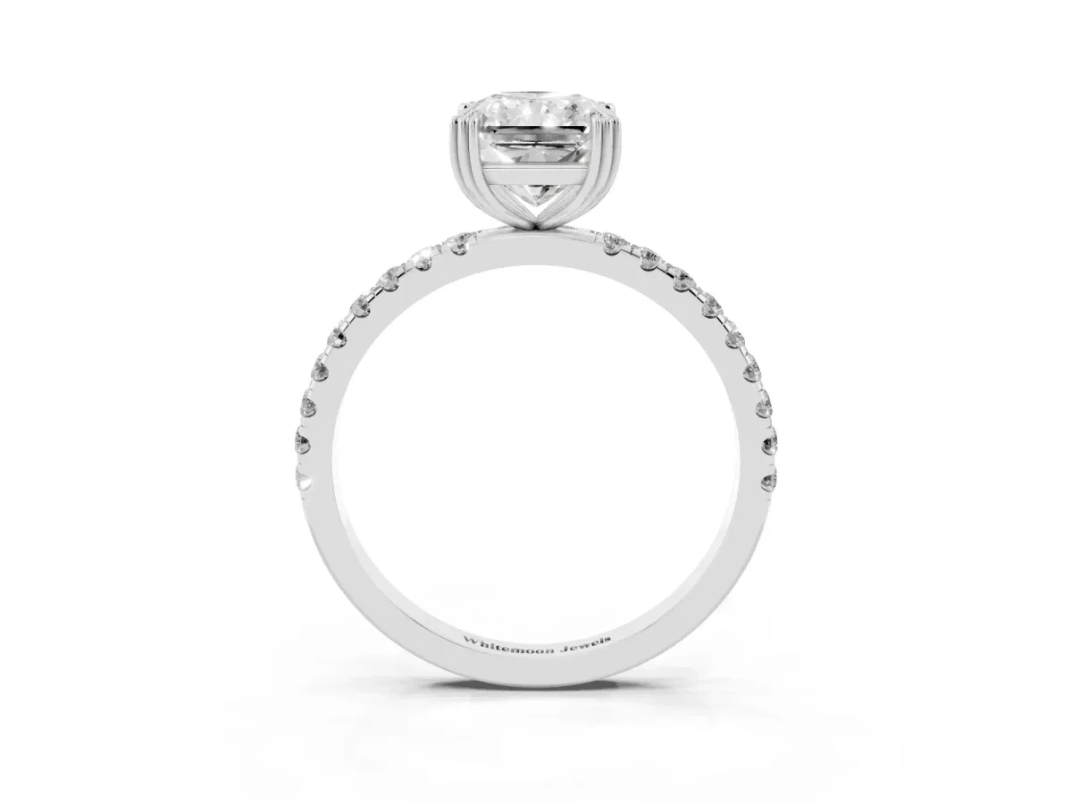 Radiant Cut Brilliant Solitaire with Pavé Band and Claw Prong Setting Silver
