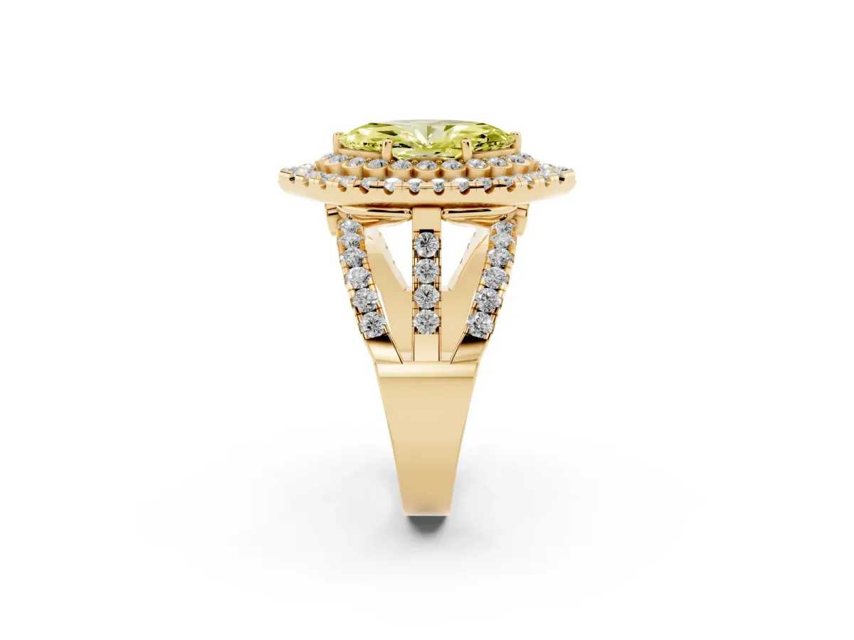 Fancy Yellow Marquise Cut Diamond Double Halo Ring with Round Pavé Split Shank and Prong Setting Yellow gold