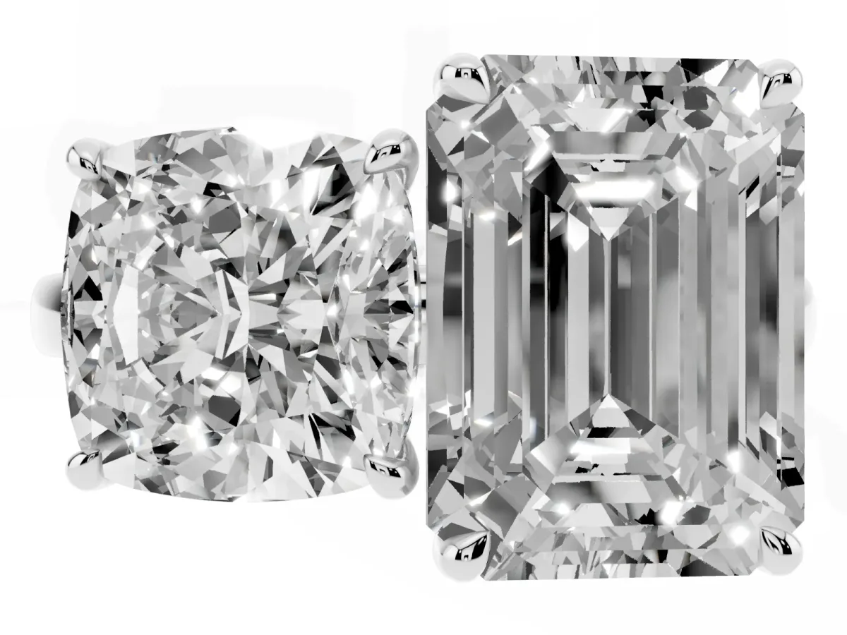Cushion Cut and Emerald Cut Toi Moi Ring with Prong Setting Silver