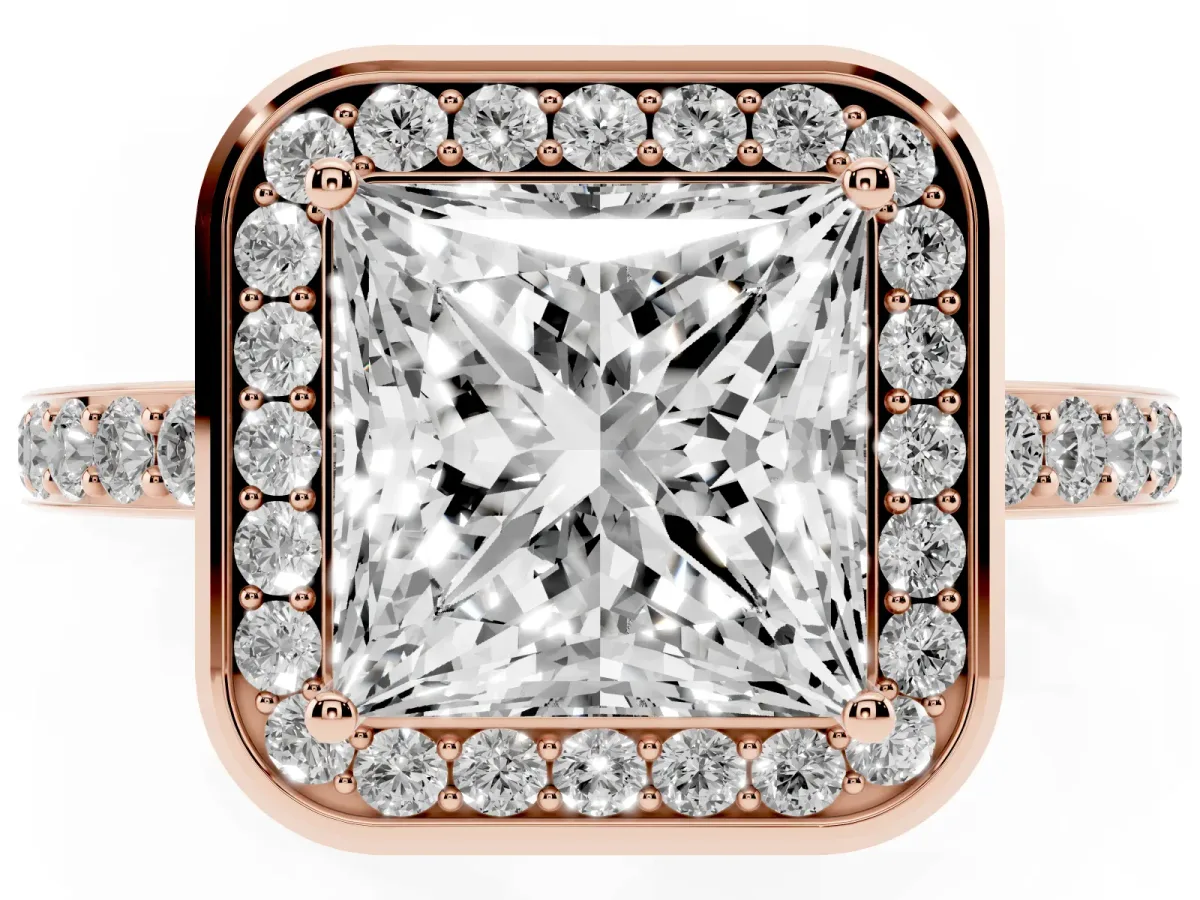 Princess Cut Diamond Halo Ring with Bezel Frame and Pavé Band Rose gold