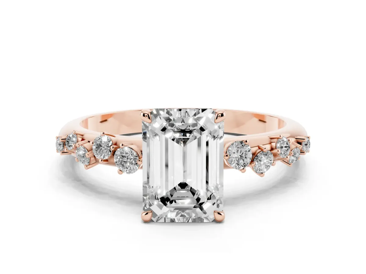 Emerald Cut Diamond Cluster Prong-Set Solitaire Ring Rose gold