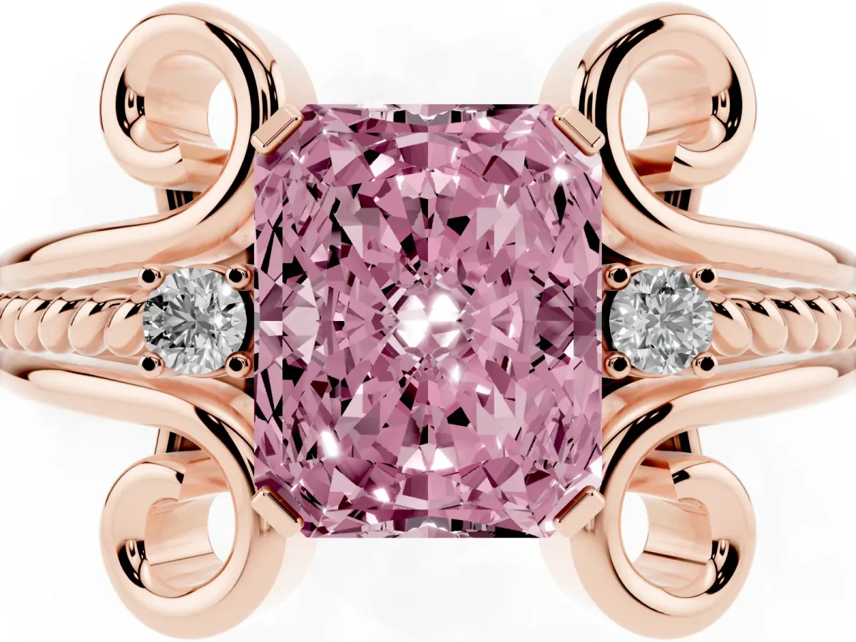 Fancy Pink Radiant Cut Solitaire Twisted Band Scroll Prong Ring Rose gold