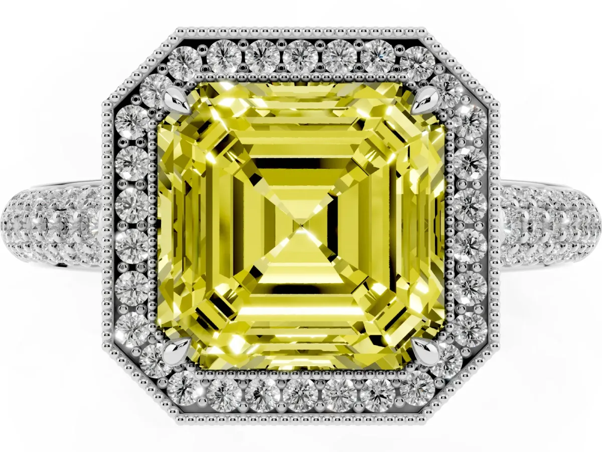Fancy Yellow Asscher Cut Cut Halo Diamond Pave Band with Four-Prong Setting Silver