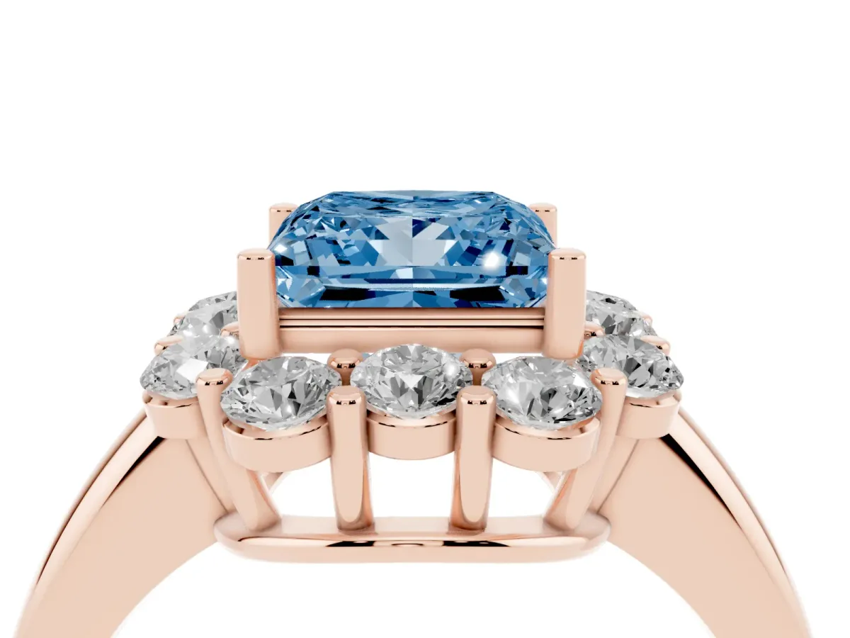 Fancy Blue Princess Cut Halo Milgrain Solitaire with Bezel Set Side Stones and Pave Band Rose gold
