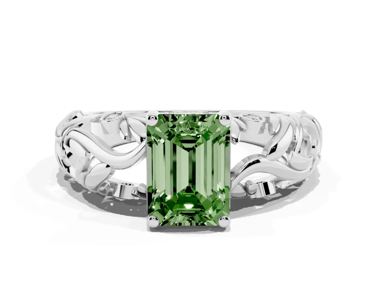 Fancy Green Emerald Cut Solitaire Diamond Leaf-Inspired Vine Band Ring with Prong Setting White gold