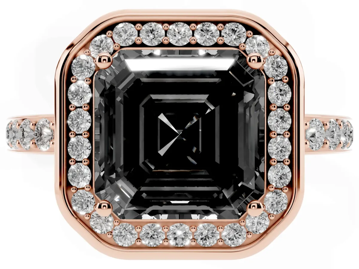 Fancy Black Asscher Cut Diamond Halo Ring with Bezel Frame and Pavé Band Rose gold