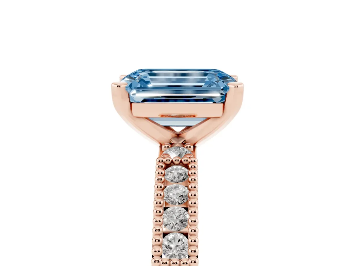 Fancy Blue Emerald Cut Solitaire with Pavé Band and Four-Prong Setting Rose gold