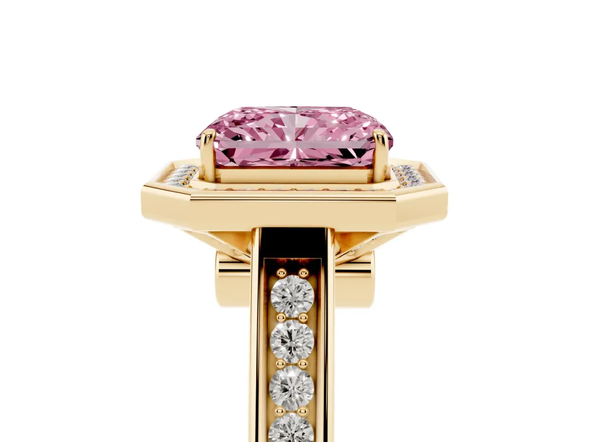 Fancy Pink Emerald Cut Halo Solitaire Diamond Ring with Pave Band and Bezel Setting Yellow gold