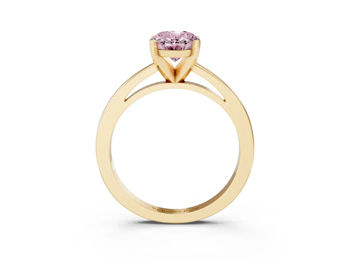 Fancy Pink Oval Cut Solitaire Diamond Engagement Ring with Four-Prong Setting on a Classic Band Yellow gold