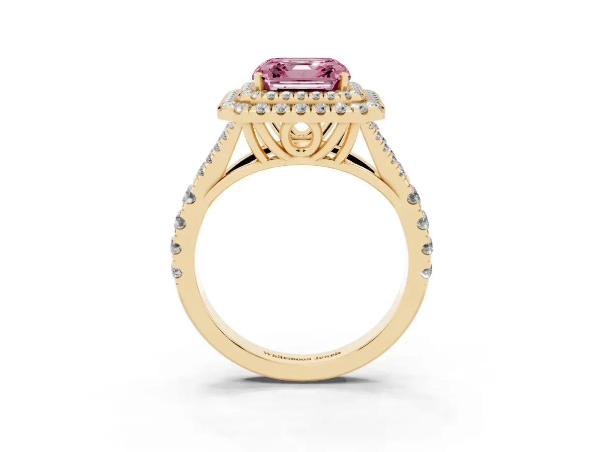 Fancy Pink Asscher Cut Cut Double Halo Split Shank Diamond Ring with Prong Setting Yellow gold