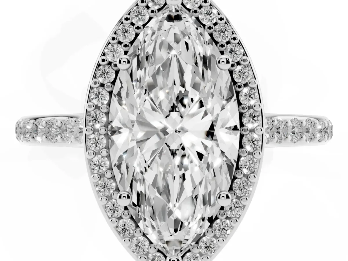 Marquise Cut Diamond Halo Engagement Ring with Round Pavé Shoulders and Prong Setting Platinum