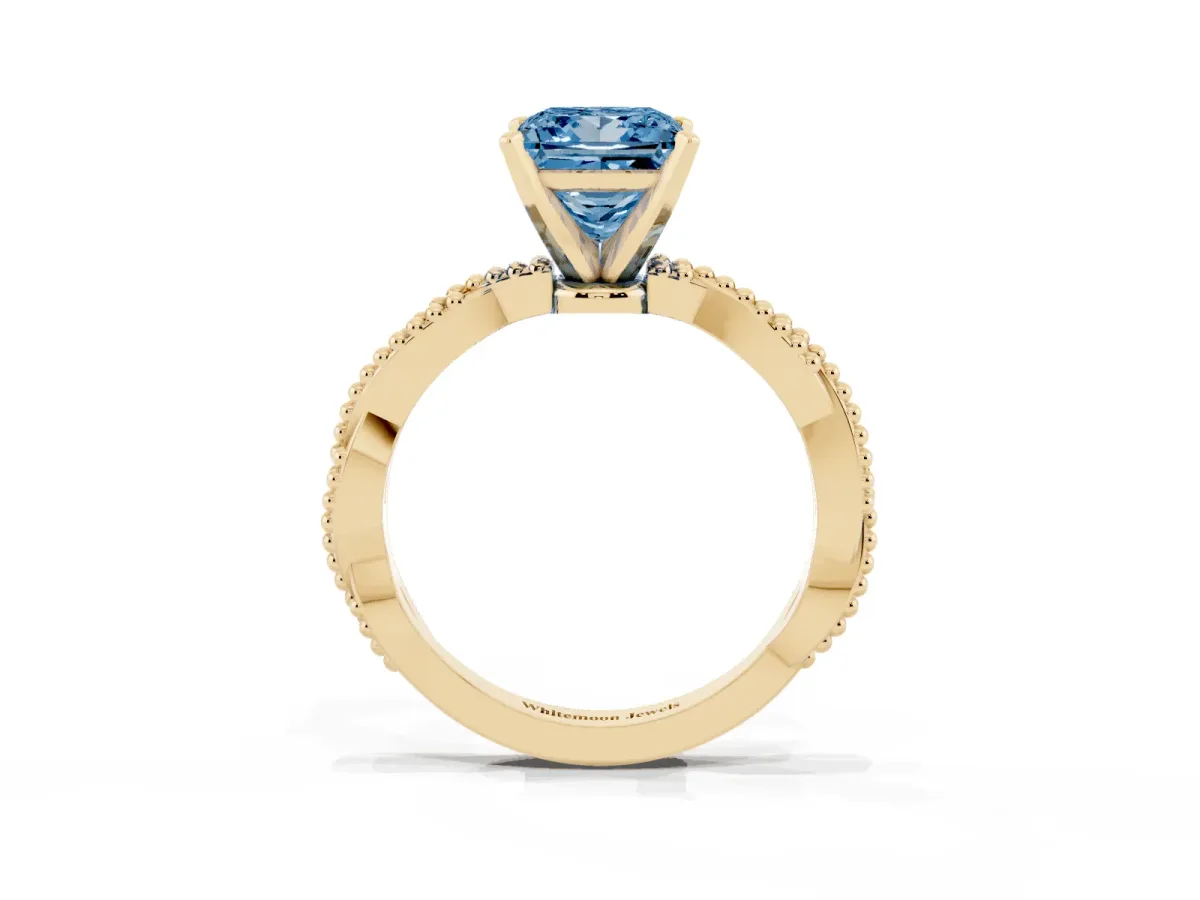 Fancy Blue Princess Cut Solitaire Twisted Band with Bead Prong Setting Yellow gold