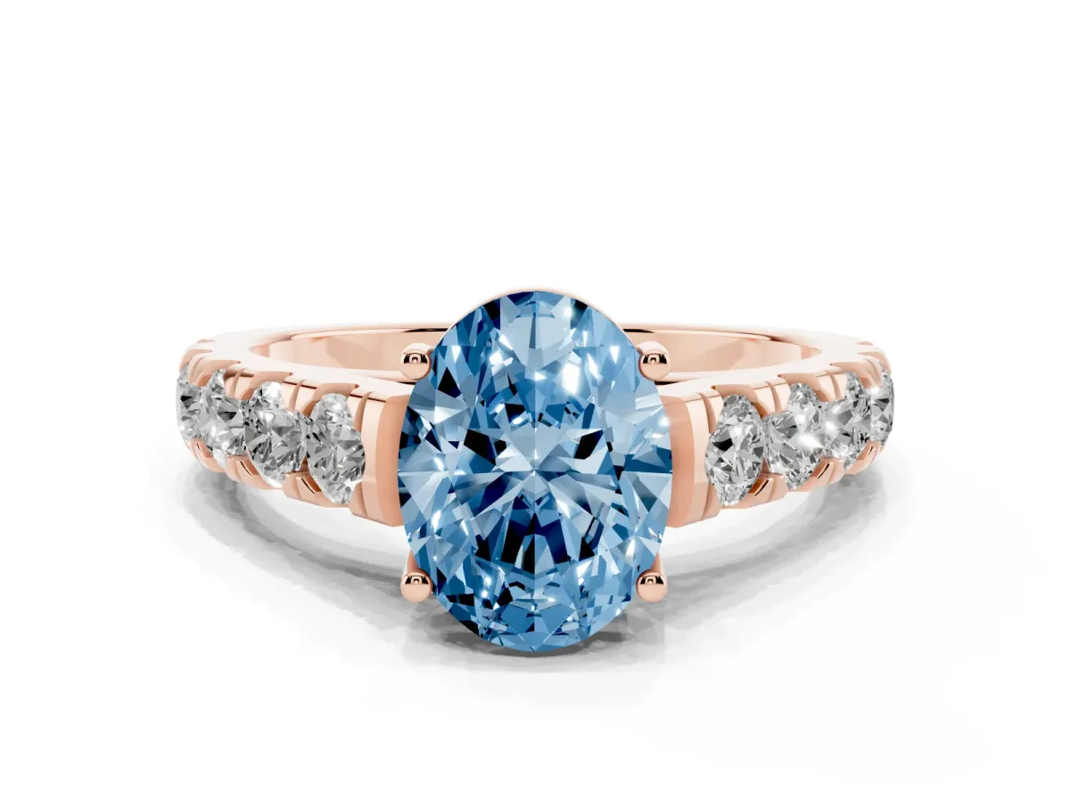 Fancy Blue Oval Cut Cut Diamond Solitaire Ring with Micro Pave Band and Prong Setting Rose gold