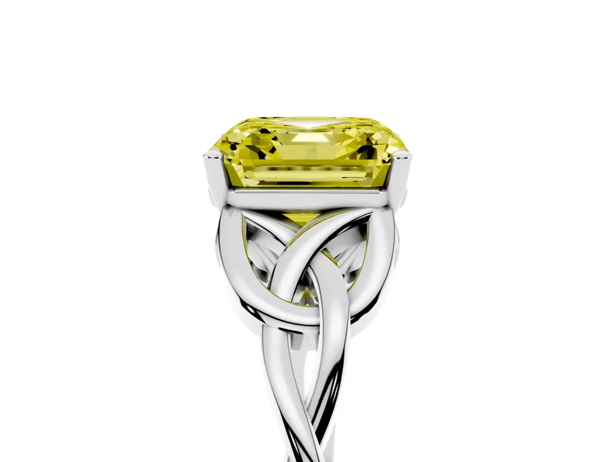Fancy Yellow Asscher Cut Diamond Solitaire Engagement Ring with Celtic Knot Band and Four-Prong Setting White gold