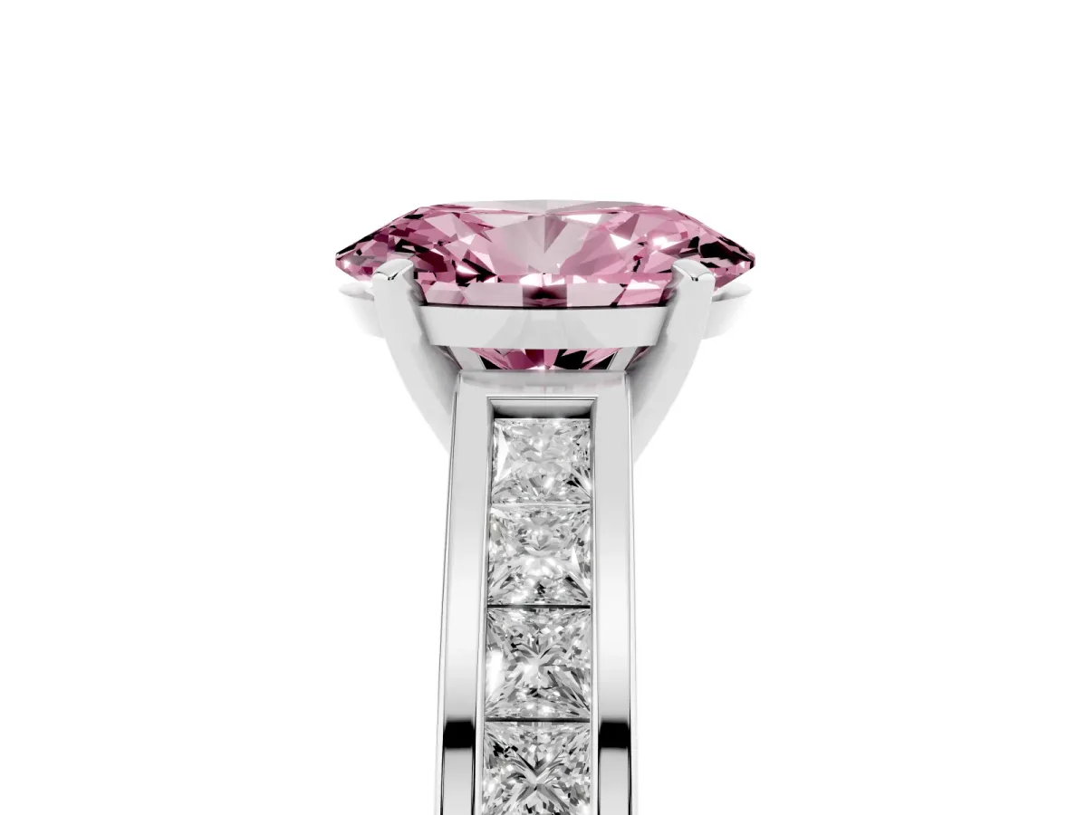 Fancy Pink Oval Cut Solitaire Diamond Ring with Channel-Set Band and Four-Prong Setting Silver