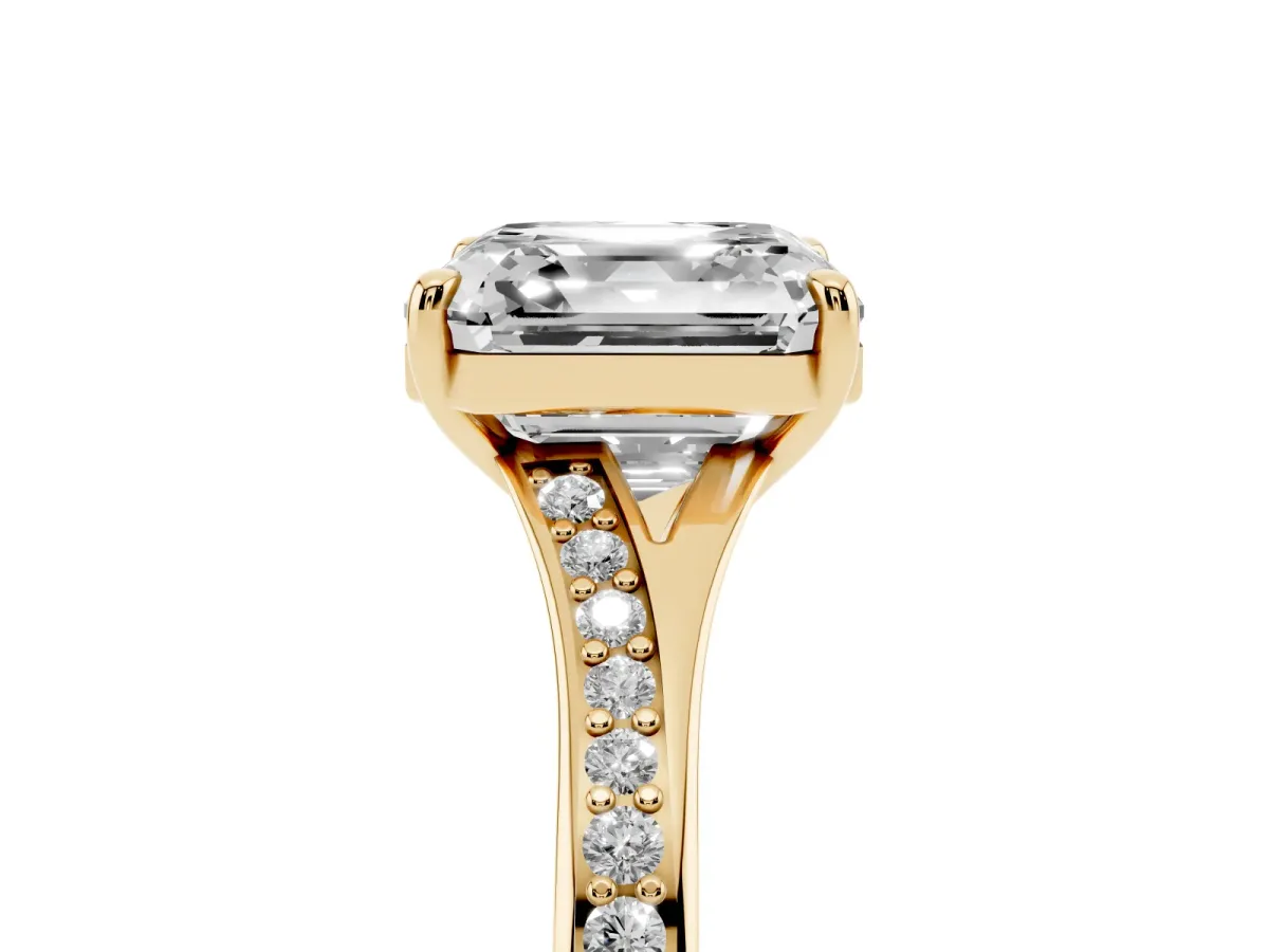 Asscher Cut Diamond Solitaire Ring with Pavé Band and Prong Setting Yellow gold