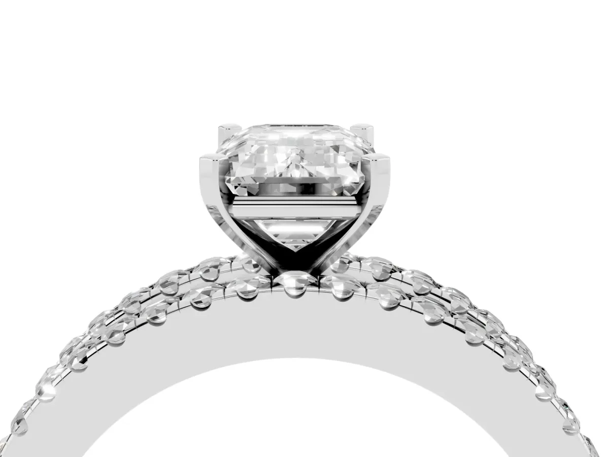 Emerald Cut Diamond Solitaire Ring with Pavé and Channel Set Band Silver