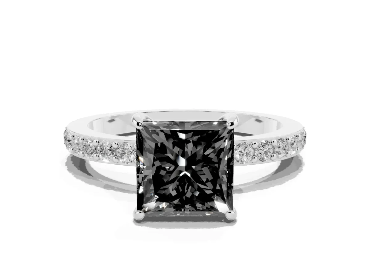 Fancy Black Princess Cut Diamond Solitaire Engagement Ring with Pavé Band and Four-Prong Setting Platinum