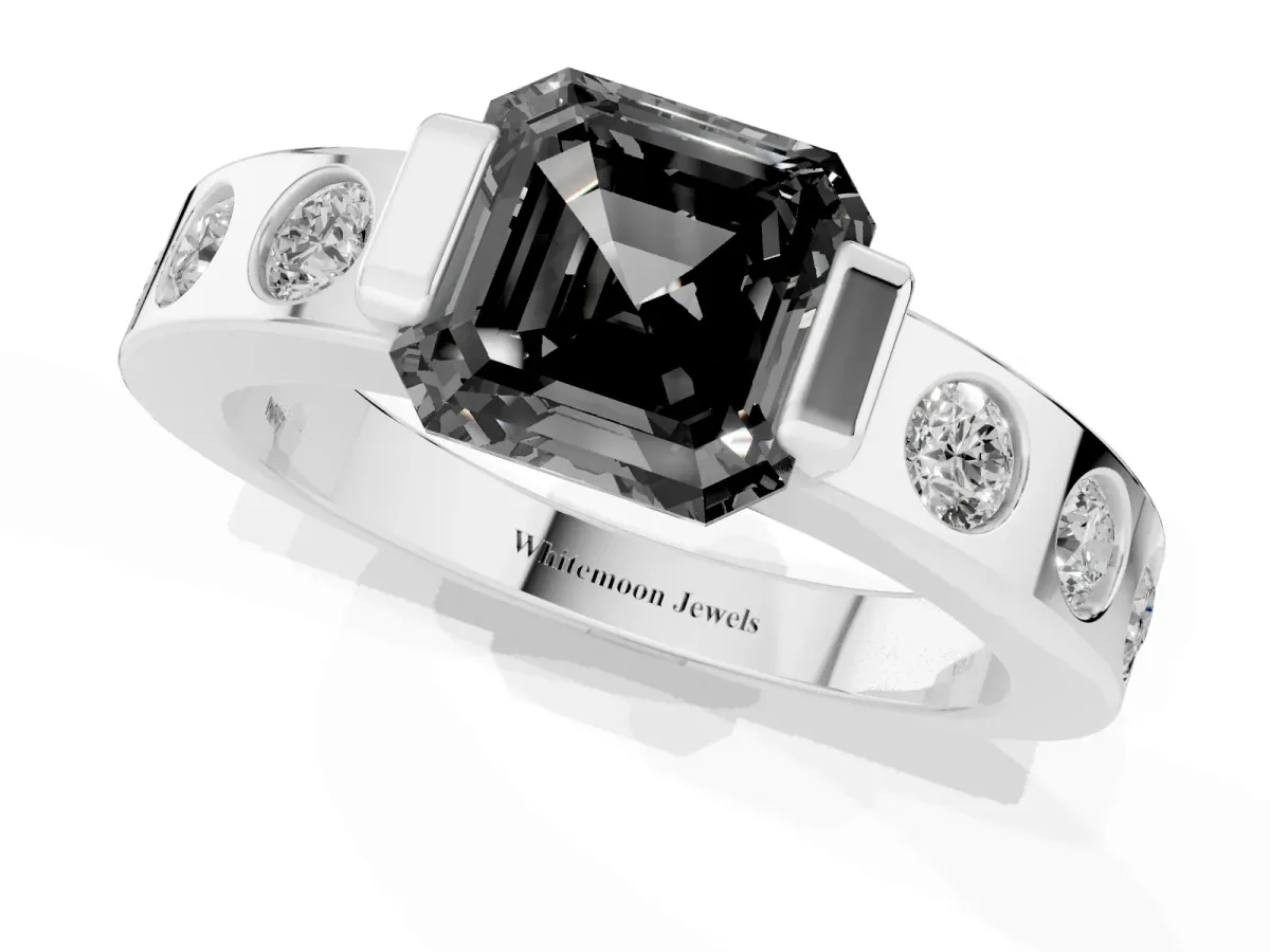 Fancy Black Asscher Cut Brilliant Channel-Set Diamond Ring with Bezel Prong Setting Silver