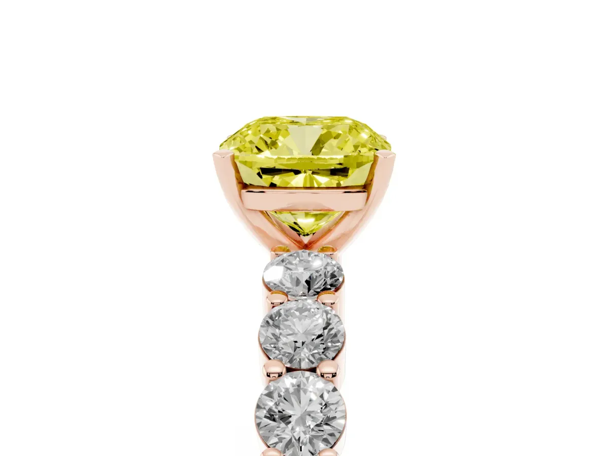 Fancy Yellow Cushion Cut Diamond Solitaire Ring with Shared Prong Round Side Stones Rose gold