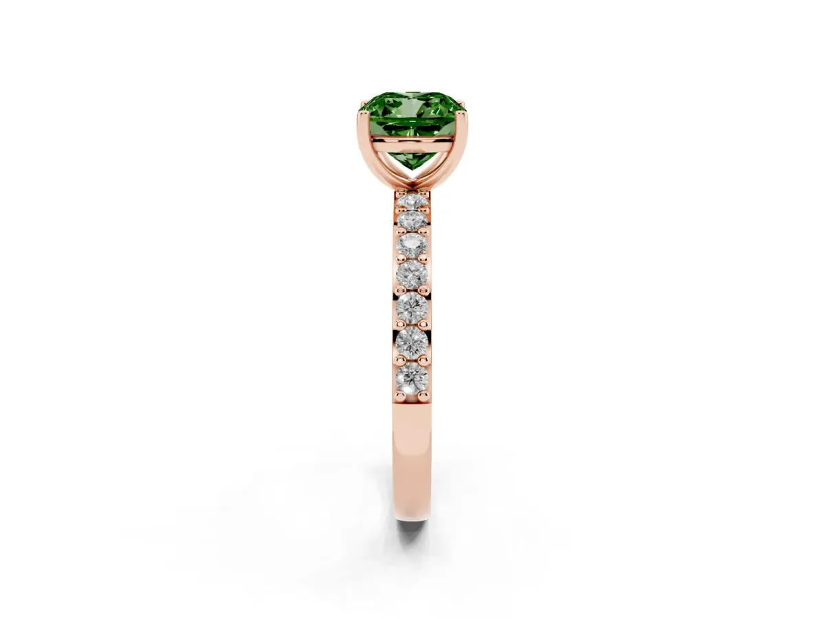 Fancy Green Cushion Cut Cut Diamond Solitaire with Pave Band and Four-Prong Setting Rose gold