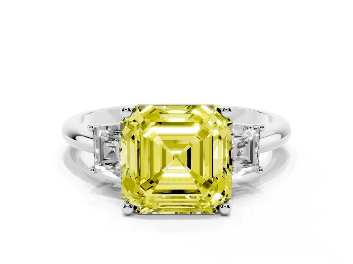 Fancy Yellow Asscher Cut Diamond Three-Stone Ring with Trapezoid Side Stones and Prong Setting Platinum