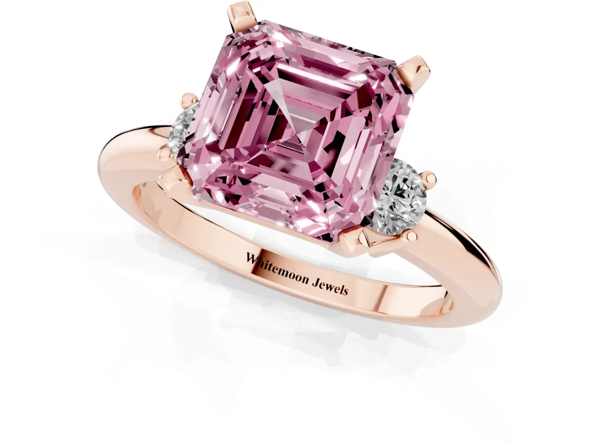 Fancy Pink Three-Stone Asscher Cut Cut Diamond Solitaire with Prong Setting and Classic Band Rose gold