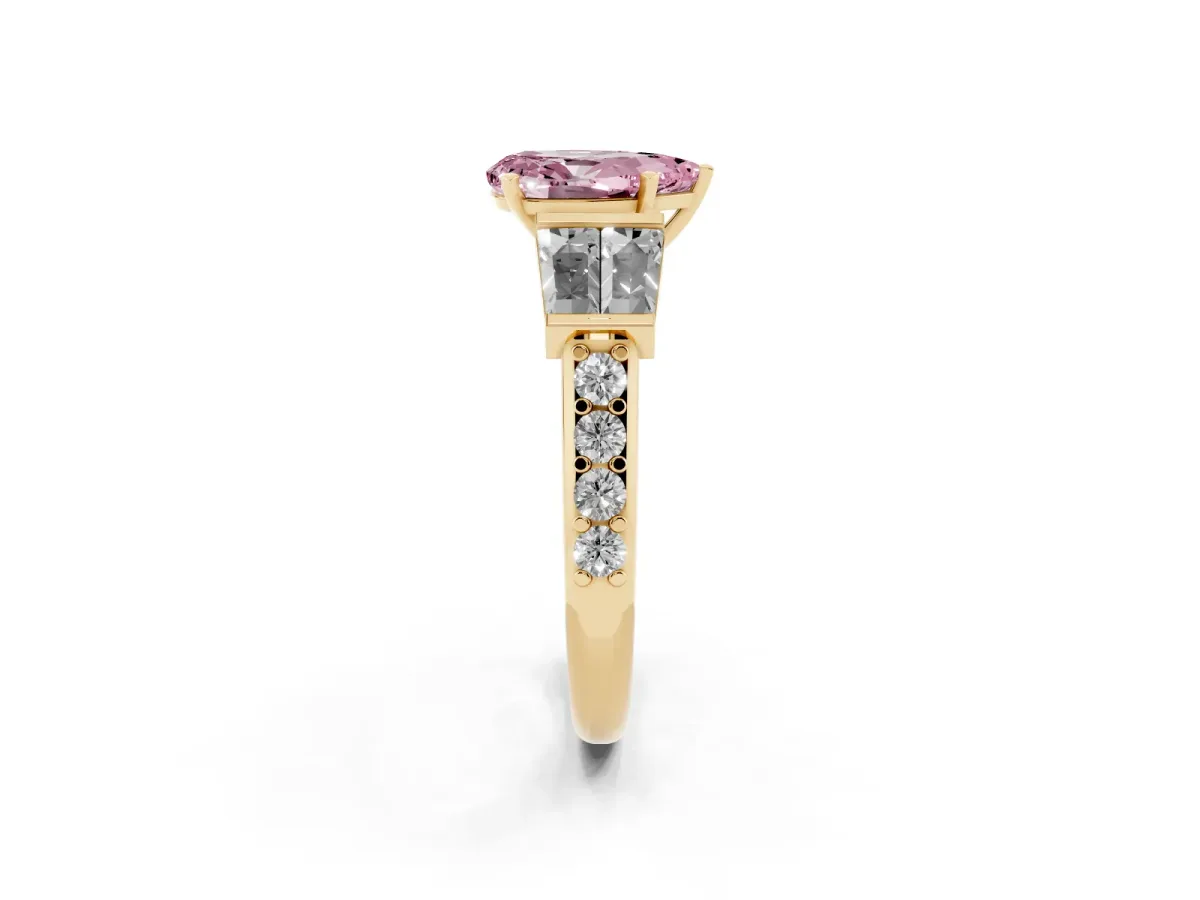 Fancy Pink Pear Cut Diamond Engagement Ring with Baguette Side Stones and Channel Set Band Yellow gold