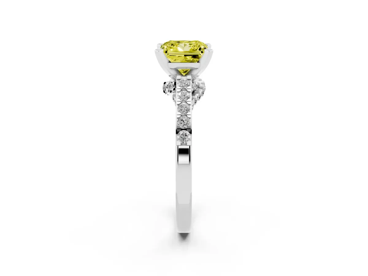 Fancy Yellow Princess Cut Diamond Solitaire Ring with Crossover Gallery and Round Pavé Band Silver