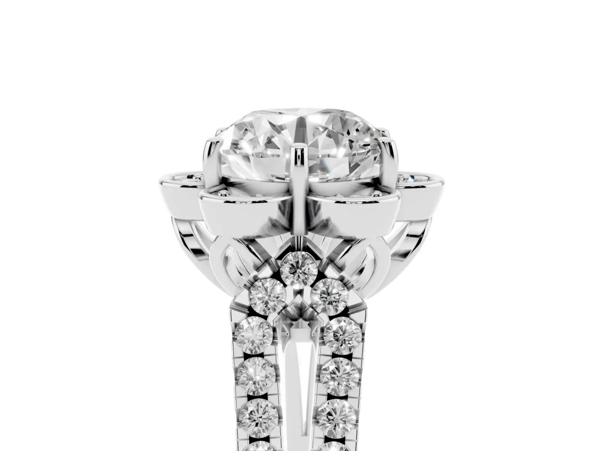 Round Cut Halo Diamond Floral Split Shank Engagement Ring Silver