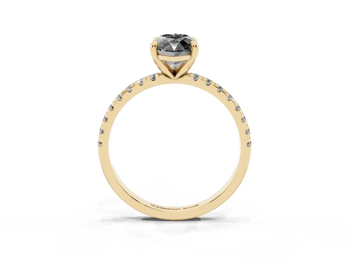 Fancy Black Marquise Cut Diamond Brilliant Solitaire Ring with Pavé Band and Four-Prong Setting Yellow gold