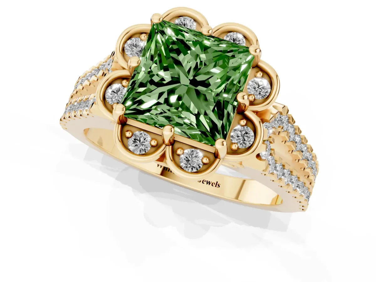 Fancy Green Princess Cut Halo Diamond Floral Split Shank Engagement Ring Yellow gold
