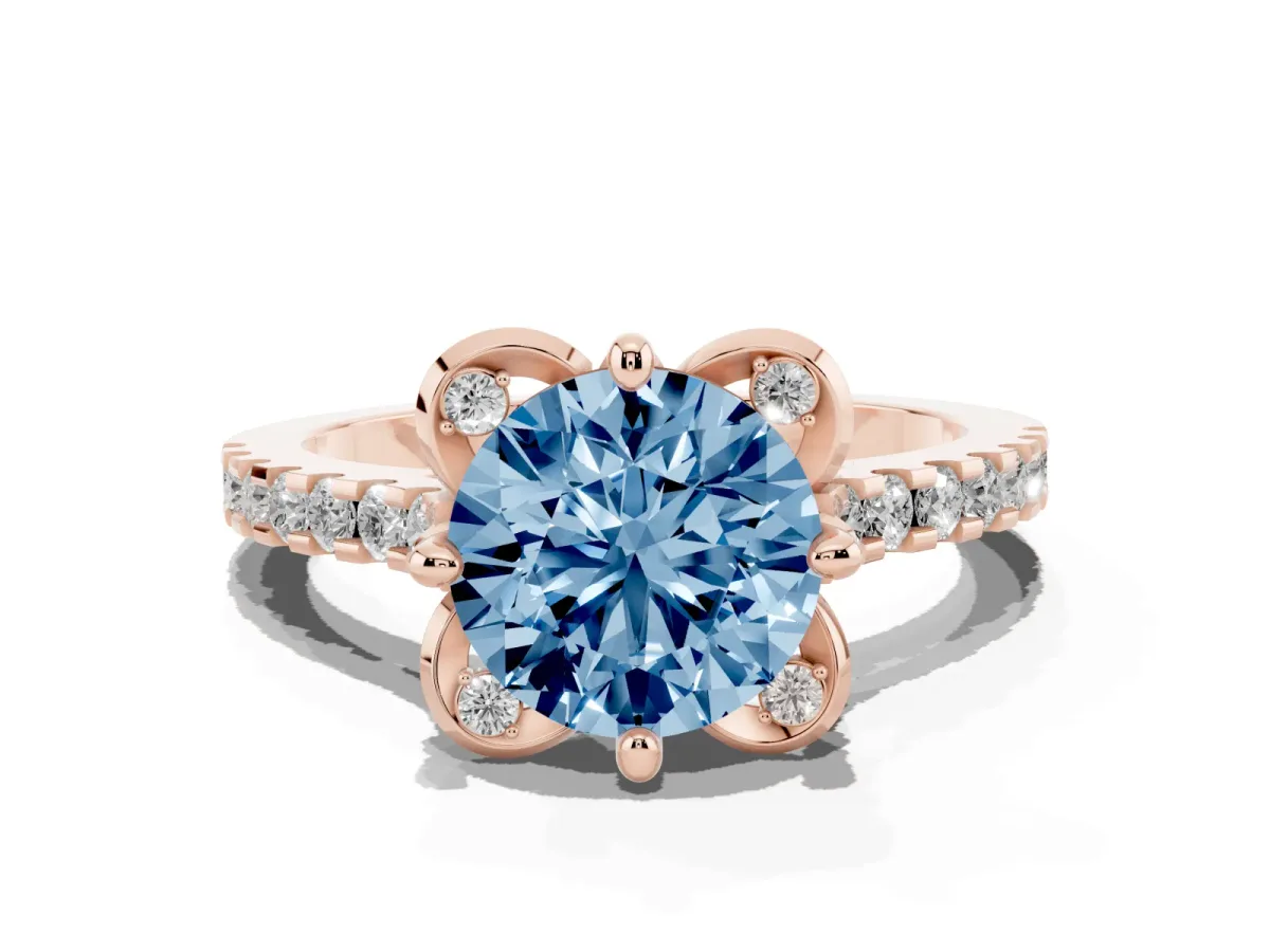 Fancy Blue Round Cut Diamond Ring with Pavé Band and Floral Prong Setting Rose gold