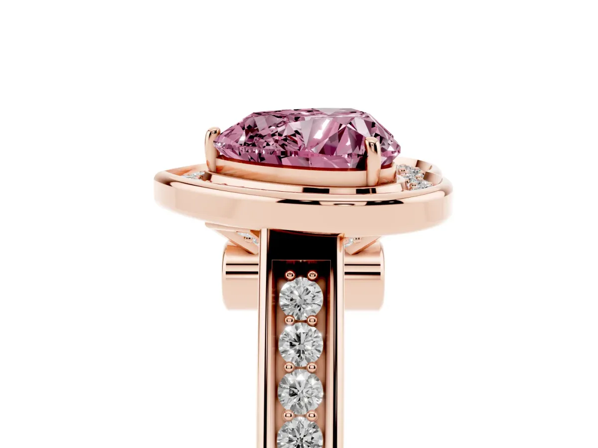 Fancy Pink Heart Cut Halo Solitaire Diamond Ring with Pave Band and Bezel Setting Rose gold
