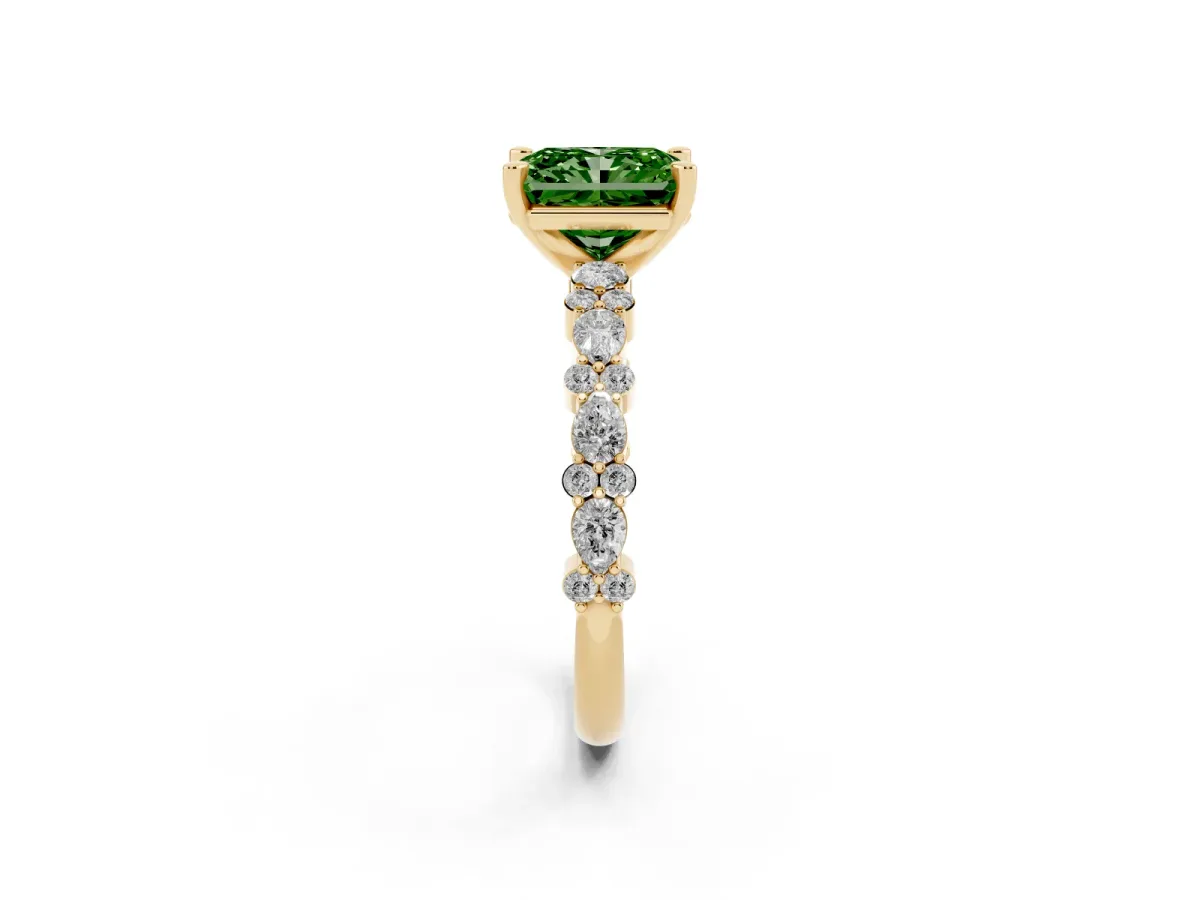 Fancy Green Radiant Cut Diamond Side Stone Solitaire Ring with Round and Four-Prong Setting Yellow gold