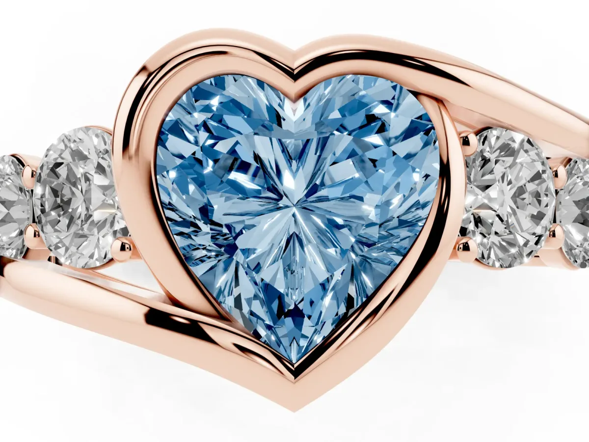 Fancy Blue Bezel Set Heart Cut Diamond Bypass Ring with Round Accents Rose gold