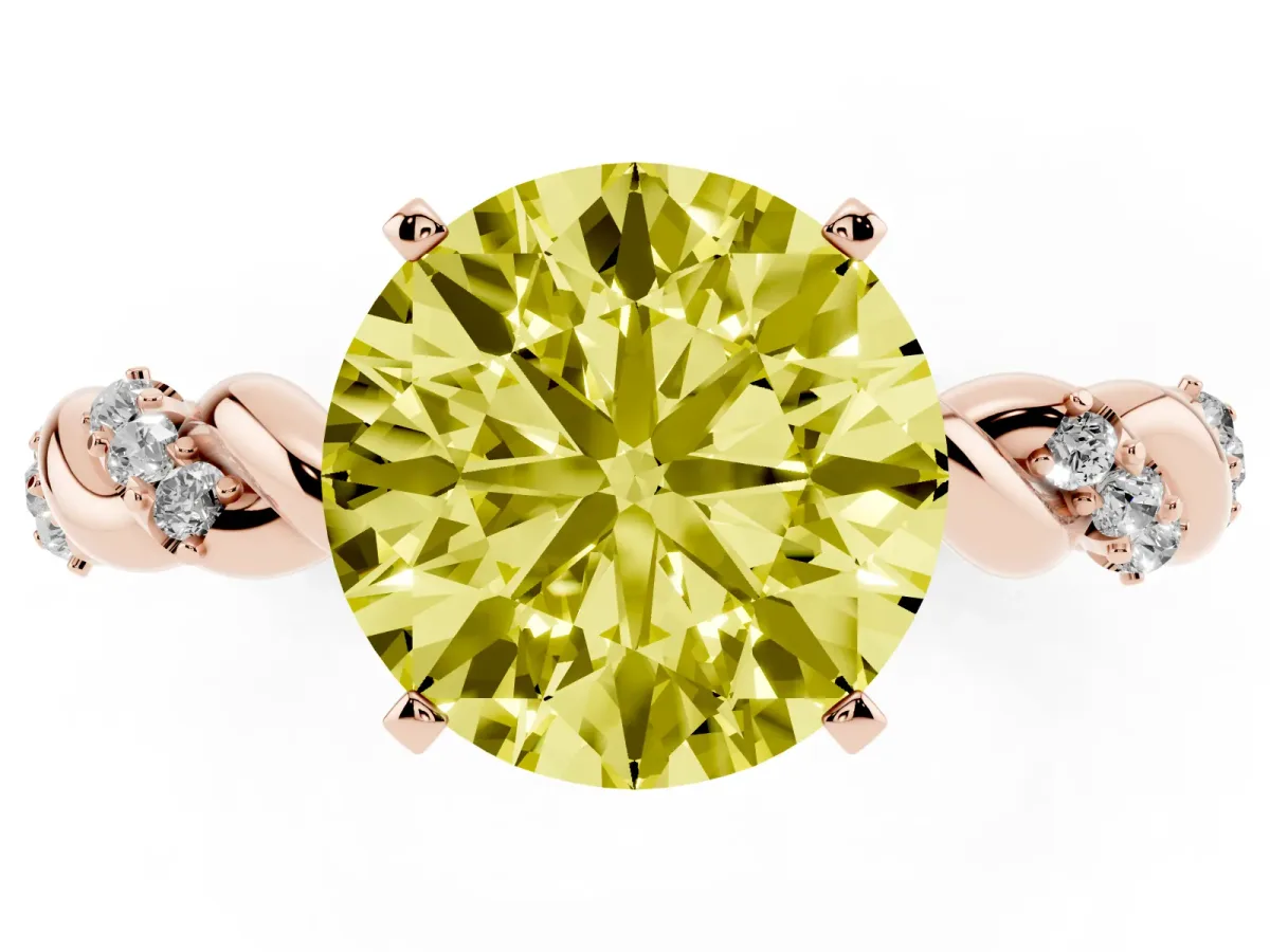 Fancy Yellow Round Cut Diamond Solitaire Ring with Twisted Band and Pavé Accents Rose gold