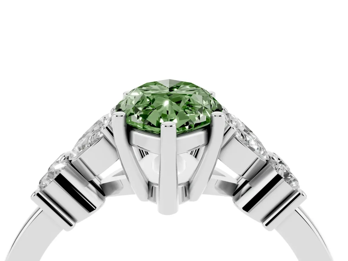 Fancy Green Marquise Cut Diamond Floral Cluster Ring with Solitaire Band and Prong Setting Platinum