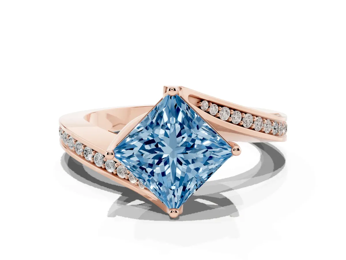 Fancy Blue Princess Cut Solitaire Diamond Twist Band with Pavé Setting and Four-Prong Setting Rose gold