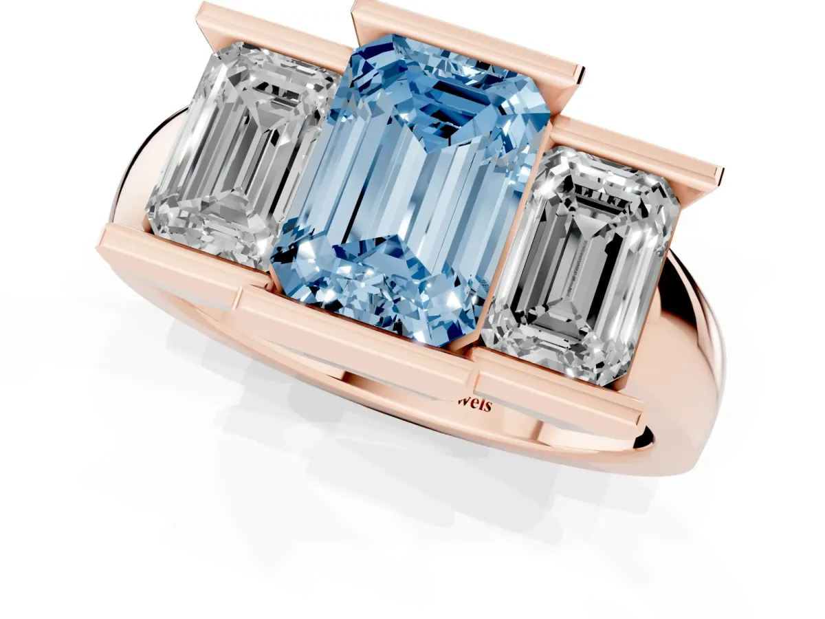 Fancy Blue Three Stone Emerald Cut Cut Channel Set Diamond Ring Rose gold