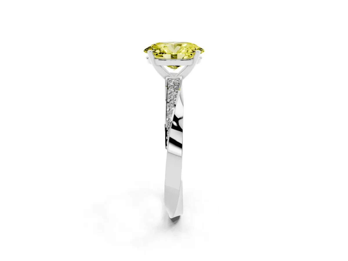 Fancy Yellow Oval Cut Diamond Engagement Ring with Side Stone Accents and Four-Prong Setting Silver