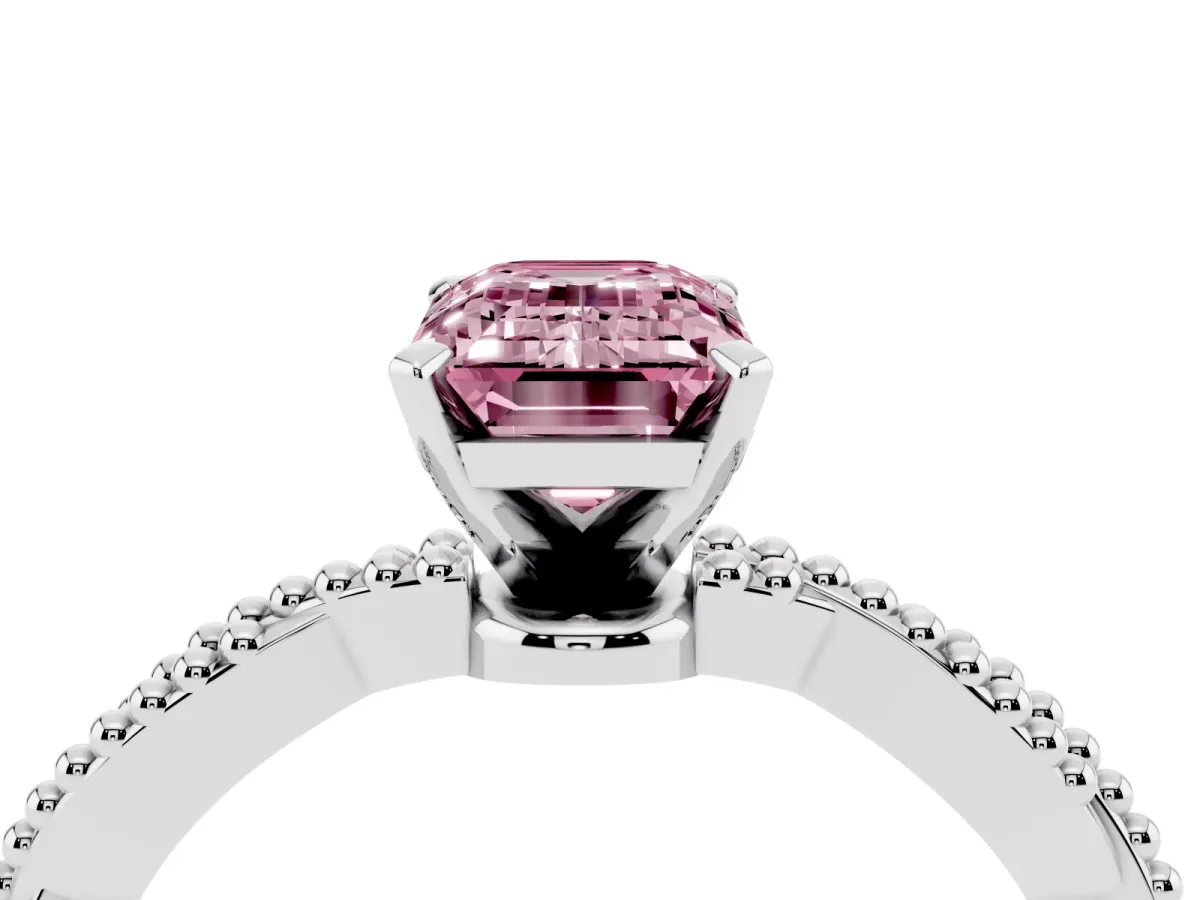 Fancy Pink Emerald Cut Solitaire Twisted Band with Bead Prong Setting Platinum